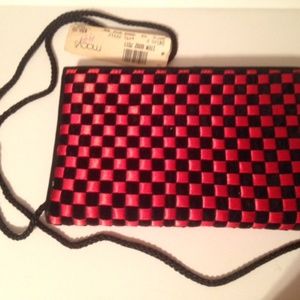 Red satin black velvet shoulder envelope clutch